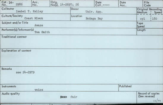 Documentation associated with Hearst Museum object titled Audio recording, accession number 24-2986, described as Awaze