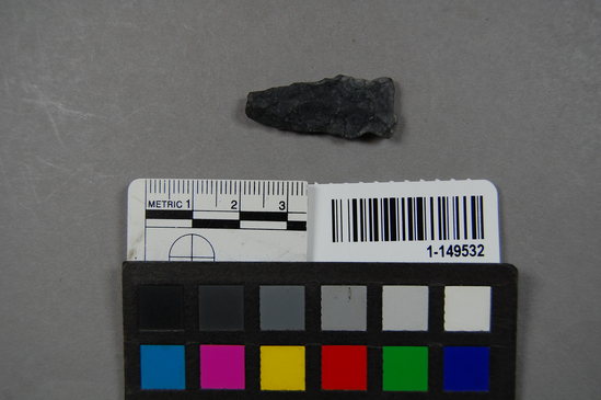 Hearst Museum object titled Projectile point fragment, accession number 1-149532, described as Basalt. Unnotched, unstemmed. Flat base. Fragment.