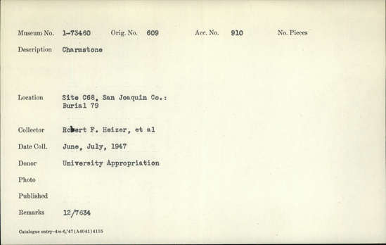 Documentation associated with Hearst Museum object titled Charmstone, accession number 1-73460, described as Charmstone. Notice: Image restricted due to its potentially sensitive nature. Contact Museum to request access.