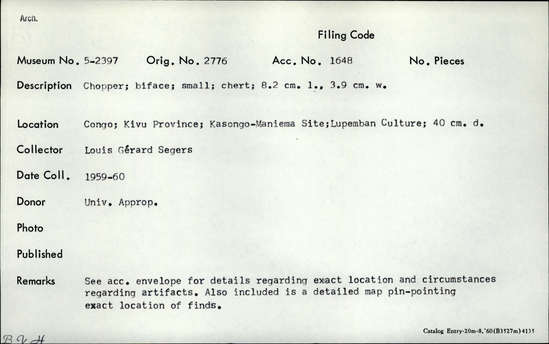 Documentation associated with Hearst Museum object titled Chopper, accession number 5-2397, described as Chopper; biface; small; chert