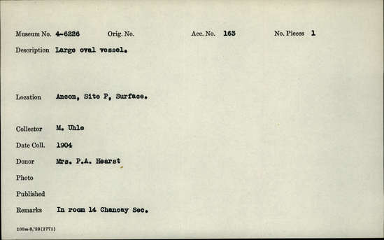 Documentation associated with Hearst Museum object titled Vessel, accession number 4-6226, described as Large oval vessel