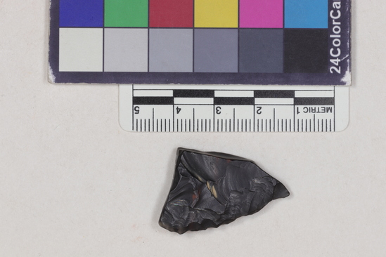 Hearst Museum object titled Projectile point fragment, accession number 16-14279, described as Projectile point; obsidian; triangular; weight: 3.93 grams; length: 3.0 cm; width: 2.6 cm; depth: 0.65 cm; concex sides; broken.