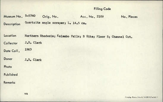 Documentation associated with Hearst Museum object titled Scraper, accession number 5-5740, described as quartzite angle scraper; length 14.5 cm