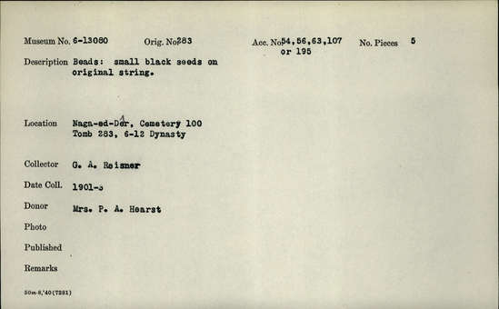 Documentation associated with Hearst Museum object titled Seed beads, accession number 6-13080, described as beads: small black seeds on original string