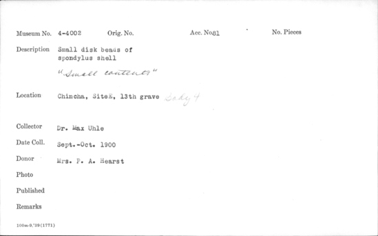 Documentation associated with Hearst Museum object titled Beads, accession number 4-4002, described as Small disk beads of spondylus shell.