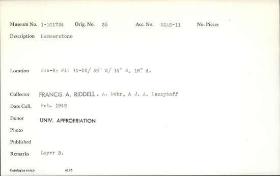 Documentation associated with Hearst Museum object titled Worked stone, accession number 1-101734, described as Hammerstone