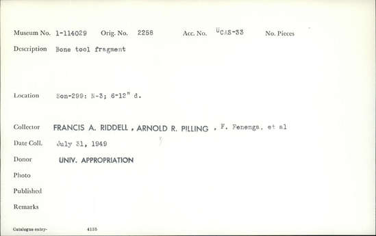 Documentation associated with Hearst Museum object titled Worked bone, accession number 1-114029, described as Bone.