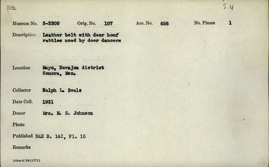 Documentation associated with Hearst Museum object titled Belt, accession number 3-3309, described as Leather belt with deer hoof rattles used by deer dancers