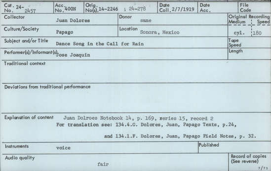 Documentation associated with Hearst Museum object titled Audio recording, accession number 24-2457, described as Dance Song in the Call for Rain Notebook 14, p.169 Series 15, Record 2