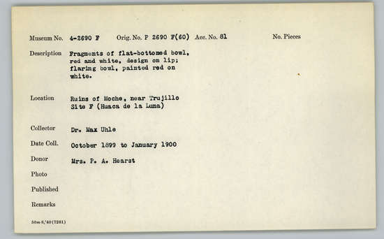 Documentation associated with Hearst Museum object titled Broken bowl, accession number 4-2690f, described as Bowls: Sherds