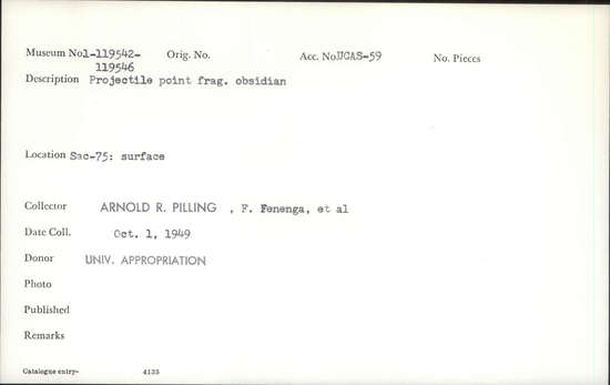 Documentation associated with Hearst Museum object titled Projectile point, accession number 1-119545, described as Projectile, fragment, obsidian