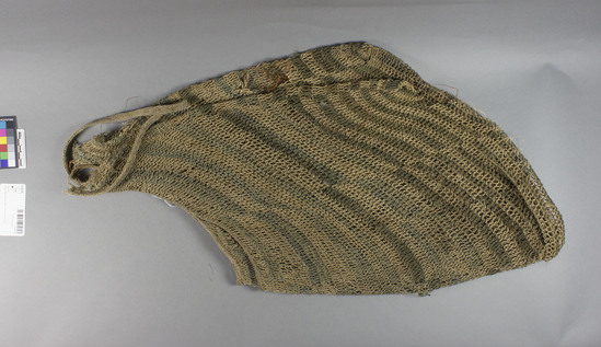 Hearst Museum object titled Bag, accession number 11-42791, described as Bag, fiber, knotless netting; irregular stripe pattern, green and tan; numerous holes; handle attached. 49.0 cm. Burden bag, also used for carrying babies.