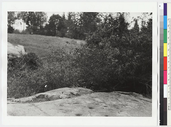 Hearst Museum object titled Black-and-white negative, accession number 15-7125, described as Bedrock mortars, Eyeyaku, east side of Turnback Creek