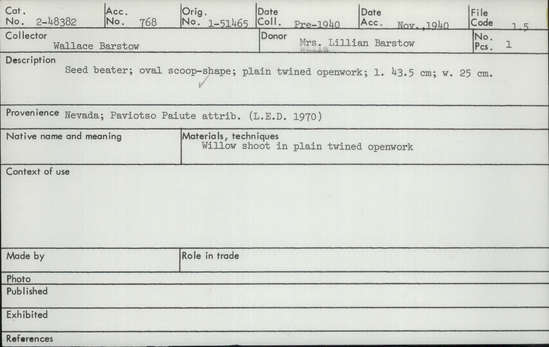Documentation associated with Hearst Museum object titled Seed beater, accession number 2-48382, described as Oval scoop shape; plain twined openwork. Made of willow shoot.