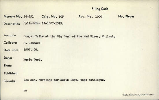 Documentation associated with Hearst Museum object titled Audio recording, accession number 24-251, described as Songs: Tribe at the Big Bend of the Mad River, Whilkut. See acc. envelope for music dept. tape catalogue. Cylinders: 14-1307-1319.