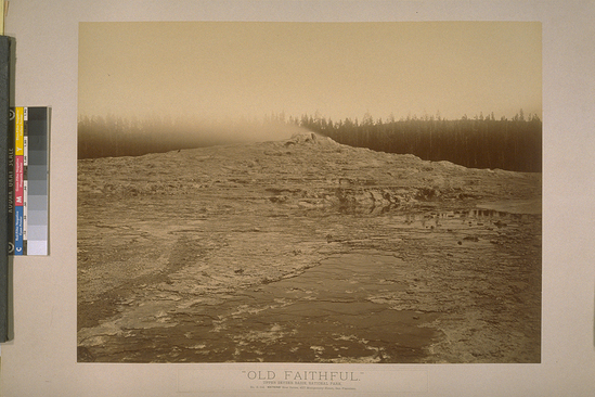 Hearst Museum object titled Albumen print, accession number 13-1302a, described as Mounted photograph. "Old Faithful", Upper Geyser Basin, Yellowstone National Park. Mounted print of a photograph by Carleton E. Watkins.