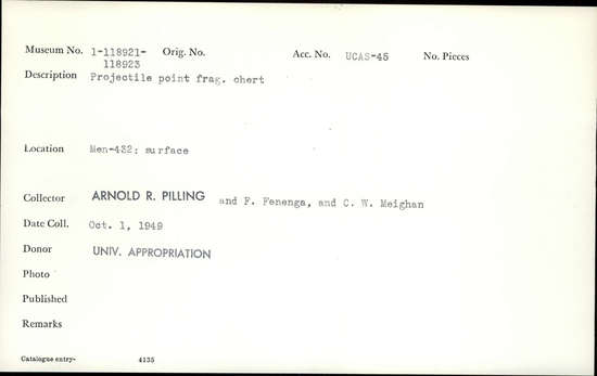 Documentation associated with Hearst Museum object titled Projectile point, accession number 1-118923, described as projectile point frag. chert
