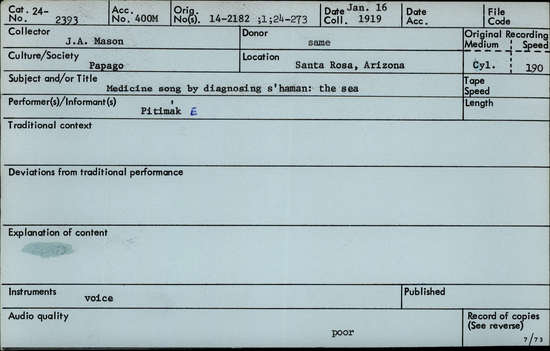 Documentation associated with Hearst Museum object titled Audio recording, accession number 24-2393, described as Medicine song by diagnosing shaman: the sea