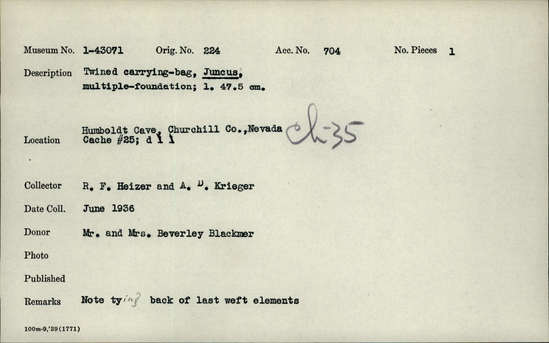 Documentation associated with Hearst Museum object titled Bag, accession number 1-43071, described as Twined carrying bag, Juncus, multiple-foundation. Note tying back of last weft elements.