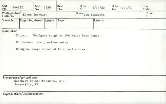 Documentation associated with Hearst Museum object titled Audio track, accession number 24-392.B.1, described as Hand game songs at the Maidu Bear Dance. Performed by Paiute Group from Schurz, Nevada. Hand game songs recorded in actual context.