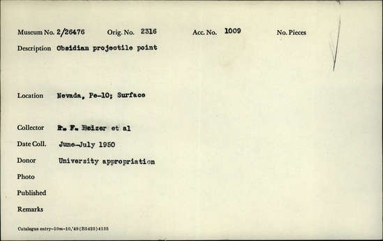 Documentation associated with Hearst Museum object titled Projectile point, accession number 2-26476, described as Obsidian projectile point