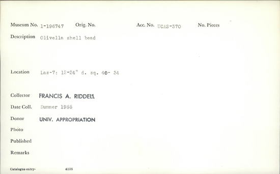 Documentation associated with Hearst Museum object titled Bead, accession number 1-196747, described as Olivella shell.