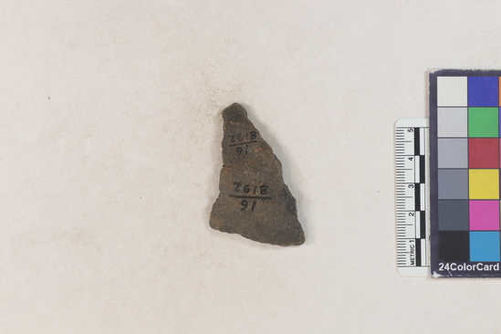 Hearst Museum object 52 of 183 titled Potsherd, accession number 16-8192, described as Potsherd: bodys Section of Manta on beach currently inhabited. Numbers  8111 to 8194 are sherds picked up on beach at low tide.