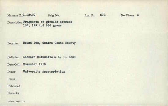 Documentation associated with Hearst Museum object titled Sinkers, accession number 1-23489, described as Fragments of girdled