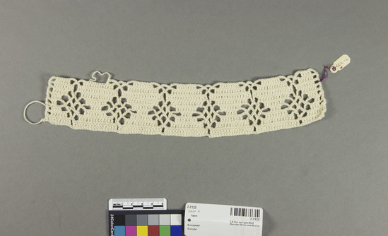 Hearst Museum object titled Lace, accession number 7-7133, described as lace, crochet edging fragment, white.