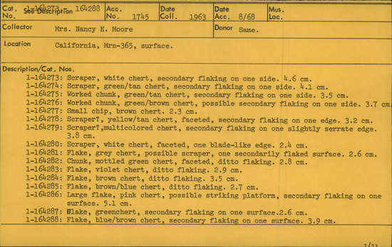 Documentation associated with Hearst Museum object titled Flake, accession number 1-164286, described as large flake; chert, pale pink, possible striking platform; maximum length: 5.1cm; possible scraper, 1 secondarily flake surface Notice: Image restricted due to its potentially sensitive nature. Contact Museum to request access.