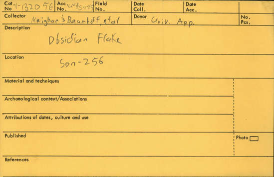 Documentation associated with Hearst Museum object titled Flake, accession number 1-132056, described as Obsidian flake.