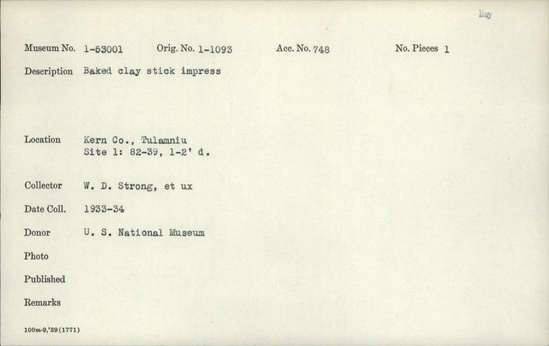 Documentation associated with Hearst Museum object titled Baked clay, accession number 1-53001, described as Stick impress