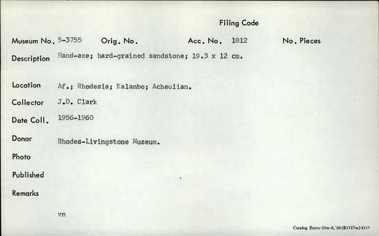 Documentation associated with Hearst Museum object titled Handaxe, accession number 5-3755, described as Hand-axe; hard-grained sandstone.