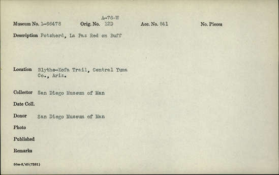 Documentation associated with Hearst Museum object titled Potsherd, accession number 1-66478, described as potsherd