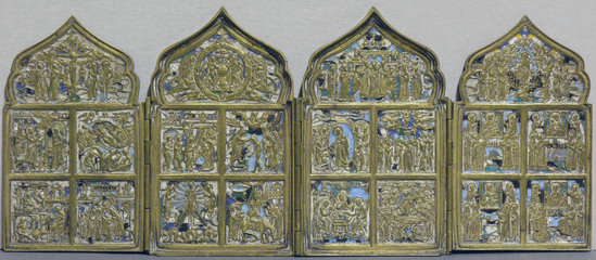 Hearst Museum object titled Icon, accession number 7-5502, described as Icon; metal; blue and white enamel background; four paneled; each panel has five scenes. Traveling icon, 19th century of “Twelve Holy Days and Four Miraculous  Icons of the Virgin. See acquisition  envelope for additional information. Width 41.2 cm, height 17.4 cm.