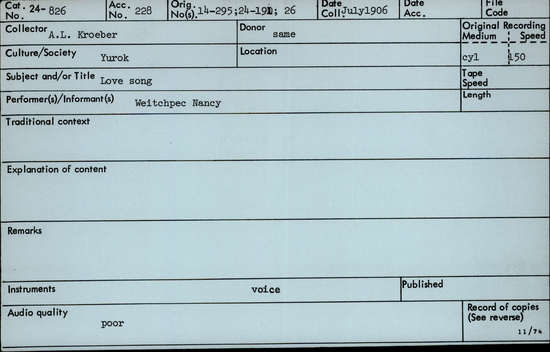 Documentation associated with Hearst Museum object titled Audio recording, accession number 24-826, described as Love Song
