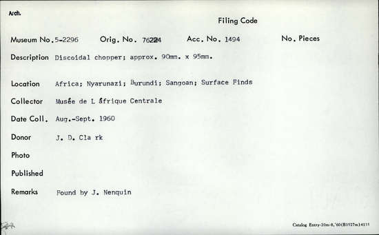 Documentation associated with Hearst Museum object titled Chopper, accession number 5-2296, described as Discoidal chopper