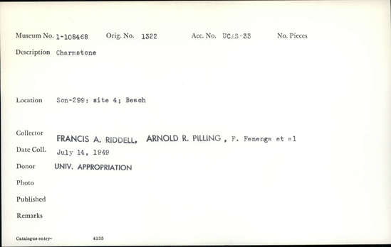 Documentation associated with Hearst Museum object titled Charmstone, accession number 1-108468, described as Charmstone.