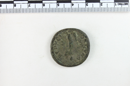 Hearst Museum object 6 of 8 titled Coin: æ as, accession number 8-6404, described as Coin; Æ; aes grave; as; Vespasian - 12.65 grams. Obverse: IMP CAES VESPASIAN AVG COS III - Head laureate facing right. Reverse: FORTVNAE REDVCI - SC in field - Fortuna standing facing left holding rudder on globe and cornucopiae.