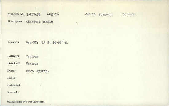 Documentation associated with Hearst Museum object titled Charcoal, accession number 1-207454, described as Charcoal sample.