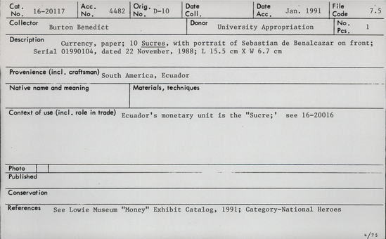 Documentation associated with Hearst Museum object titled Paper money, accession number 16-20117, no description available.