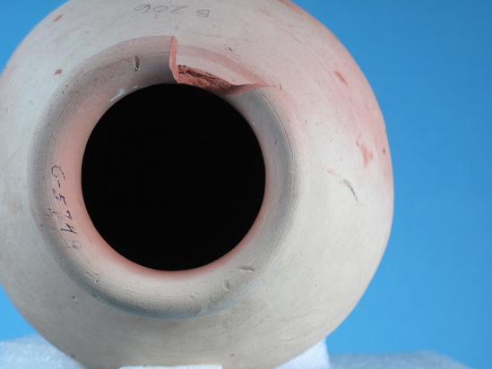 Hearst Museum object 73 of 85 titled Broken jar, accession number 6-5740, described as Pottery: smooth pinkish globose jar, rim broken