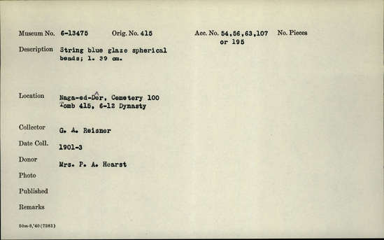 Documentation associated with Hearst Museum object titled Beads, accession number 6-13475, described as String blue glaze spherical (ball) beads; length 39 cm, piece count: 45+.