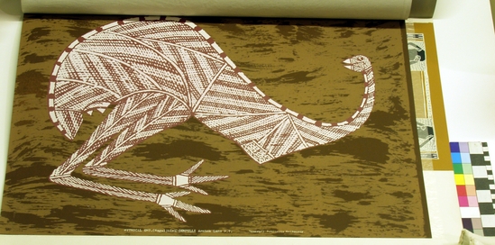 Hearst Museum object 4 of 6 titled Silkscreen, accession number 17-583a-e, described as Album of four bark paintings and one possum skin rug decorated with incised designs.