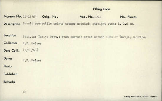 Documentation associated with Hearst Museum object titled Projectile point, accession number 16-11764, no description available.