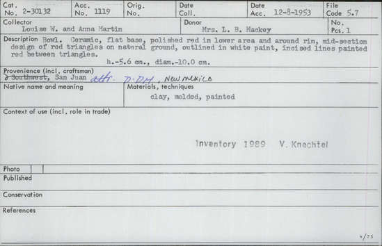 Documentation associated with Hearst Museum object titled Bowl, accession number 2-30132, described as Ceramic, flat base, polished red in lower area and around rim, mid-section design of red triangles on natural ground, outlined in white paint, incised lines painted red between triangles. Molded.