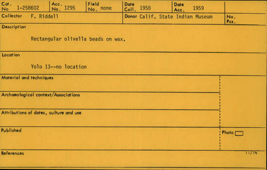 Documentation associated with Hearst Museum object titled Bead pattern, accession number 1-258602, described as Rectangular olivella, in wax.