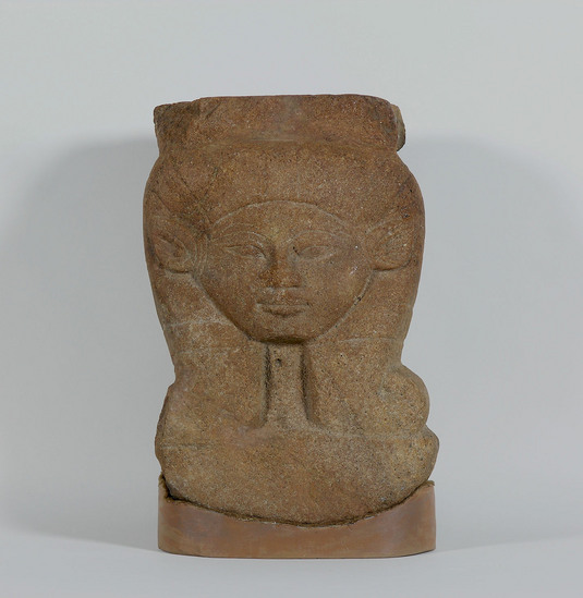 Hearst Museum object titled Statuette, accession number 5-350, described as Hathor-head, quartzite prow from divine barque. Hathor-headed capital.