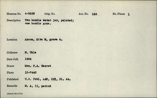 Documentation associated with Hearst Museum object titled Water jar, accession number 4-5632, described as Two handled water jar, painted; one handle missing.