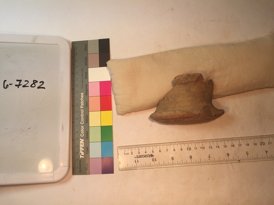 Hearst Museum object titled Incomplete pot stand, accession number 6-7282, described as Potrest broken, part missing diameter 11 height 6 cm